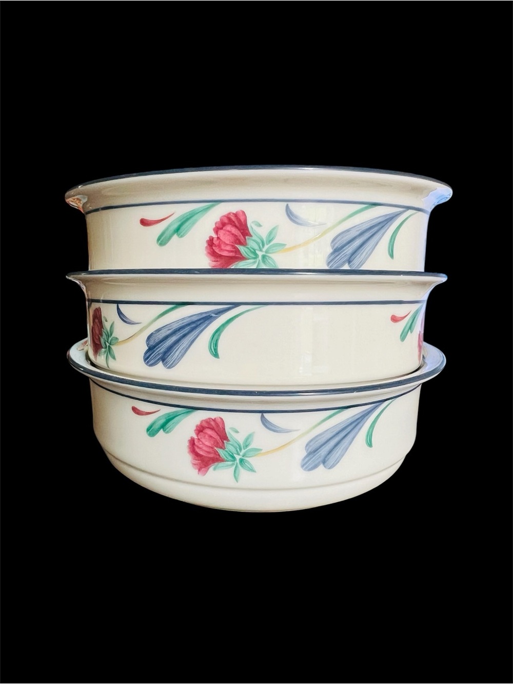 Lenox POPPIES on BLUE 5-1/4" Soup/Cereal/Salad Bowls Chinastone USA Set Of 3